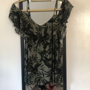 Green Floral Cold Shoulder Top